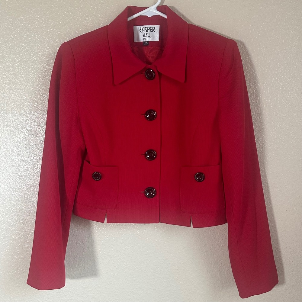 Kasper ASL Petite Red Cropped Blazer Jacket Size 6P Button Front Professional